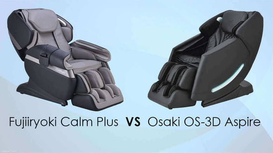 Side by side comparison of two massage chairs showing Fujiryoki Calm Plus VS OS-3D Aspire models in gray and black