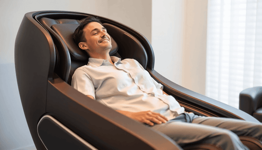 Relaxing man enjoying a massage in a high-tech massage chair for ultimate comfort
