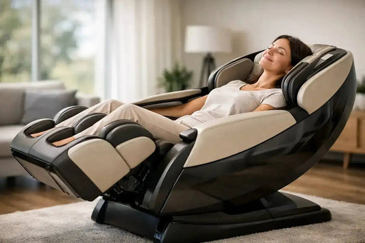 Zero gravity massage chair reclining with leg elevation and ergonomic support for back relief