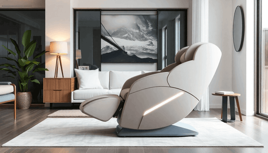 Modern beige advanced massage chair in a stylish living room with natural light and contemporary decor