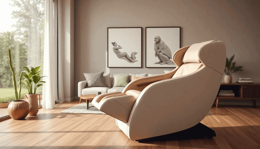 Modern beige massage chair in a sunlit living room offering ultimate relaxation with Fujiiryoki massage chairs