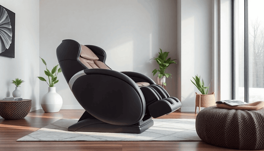 Modern living room featuring a sleek Fujiiryoki Massage Chair and decorative plants
