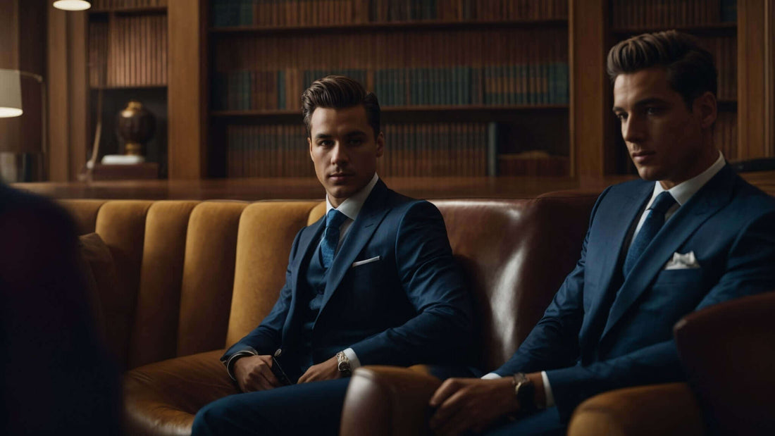 Men in elegant suits discussing CirC vs iJOY Massage Chair in a cozy library setting