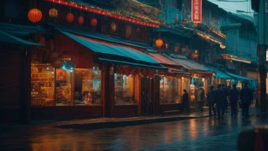 Evening street view of a traditional market with warm lights highlighting Cyber Relax Pro unique features