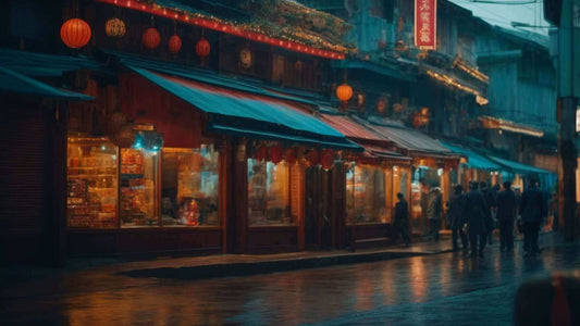 Evening street view of a traditional market with warm lights highlighting Cyber Relax Pro unique features