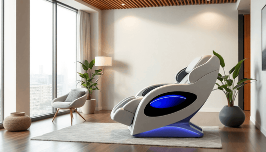 Modern living room featuring a Fujiiryoki Massage Chair surrounded by plants and natural light