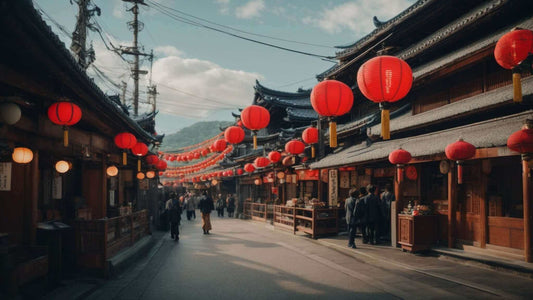 Traditional Japanese street decorated with red lanterns showcasing Japanese massage chair technology inspiration