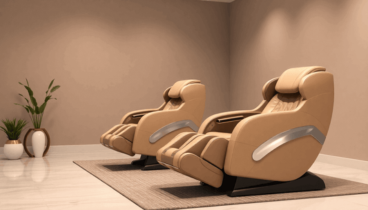 Two beige Fujiiryoki massage chairs with ergonomic design and modern features in a minimalist room