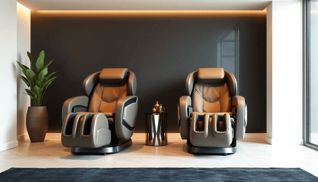 Two high-quality massage chairs in a modern living room with a plant and side table