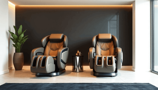 Two high-quality massage chairs in a modern living room with a plant and side table