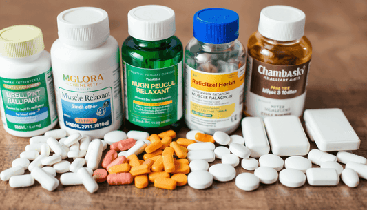Guide to Muscle Relaxers featuring various pill bottles and tablets on a wooden surface