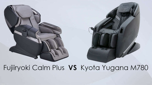 Side by side comparison of two massage chairs Fujiiryoki Calm Plus VS Kyota Yugana M780 showing design differences