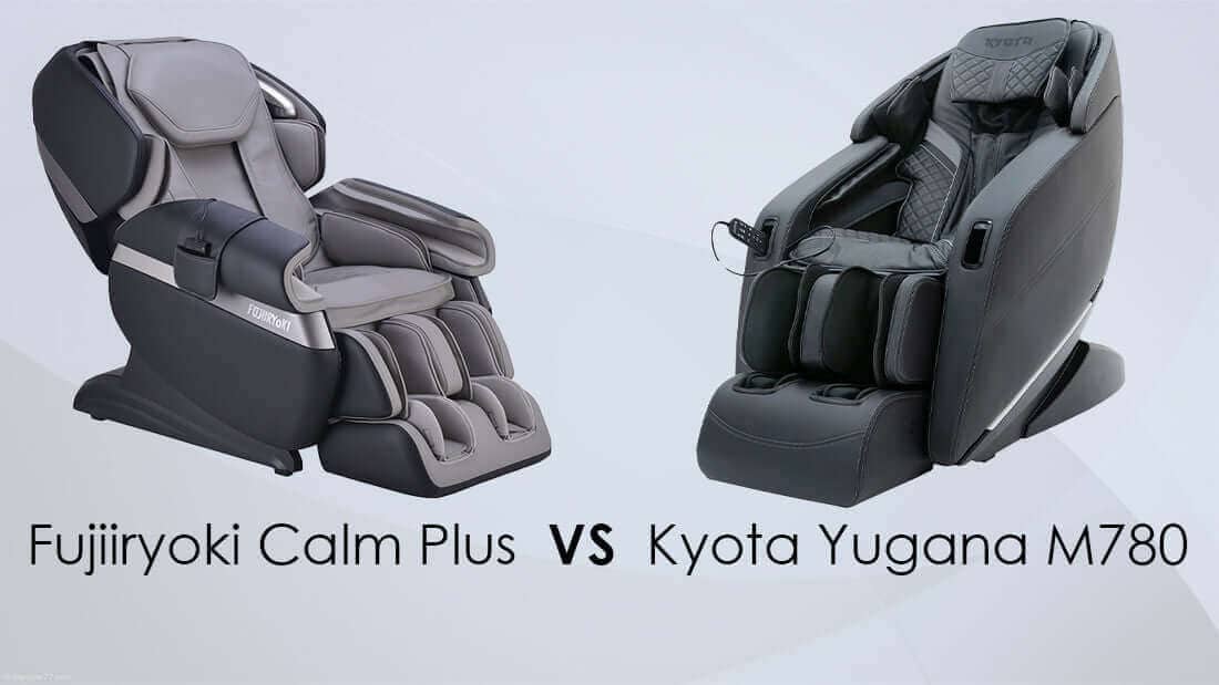 Side by side comparison of two massage chairs Fujiiryoki Calm Plus VS Kyota Yugana M780 showing design differences