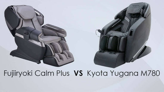 Side by side comparison of two massage chairs Fujiiryoki Calm Plus VS Kyota Yugana M780 showing design differences
