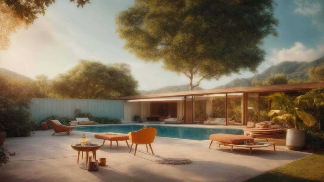 Outdoor patio with rust-orange cushioned lounge chairs, low tables, and a swimming pool, illustrating 4D vs. 5D Massage Chairs technology.