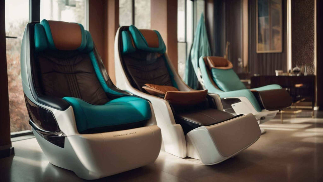 Zero gravity massage chairs in teal and cream with padded black upholstery, brown headrests and reclining footrests