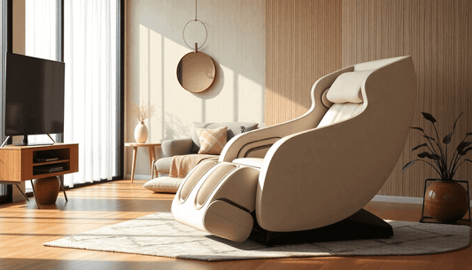 Luxurious beige Fujiiryoki massage chair in a bright modern living room offering ultimate comfort with Fujiiryoki massage chairs