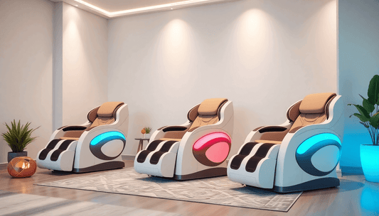 Three modern massage chairs in a sleek room showcasing ultimate relaxation with Fujiiryoki massage chairs