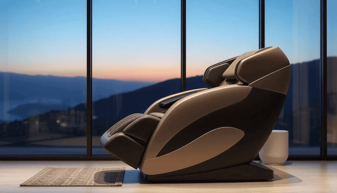 Fujiiryoki USA Massage Chairs in a modern setting with a scenic view at sunset