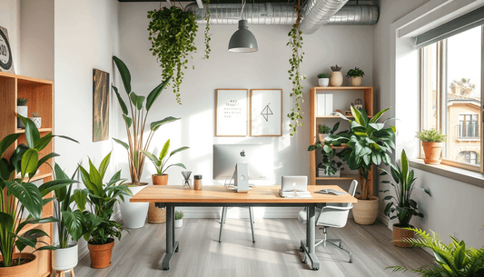Bright modern office space with plants promoting relaxation and massage chairs for workplace wellness