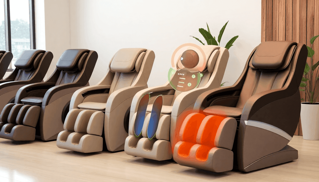 Lineup of Fujiiryoki massage chairs in a modern setting with relaxing design features