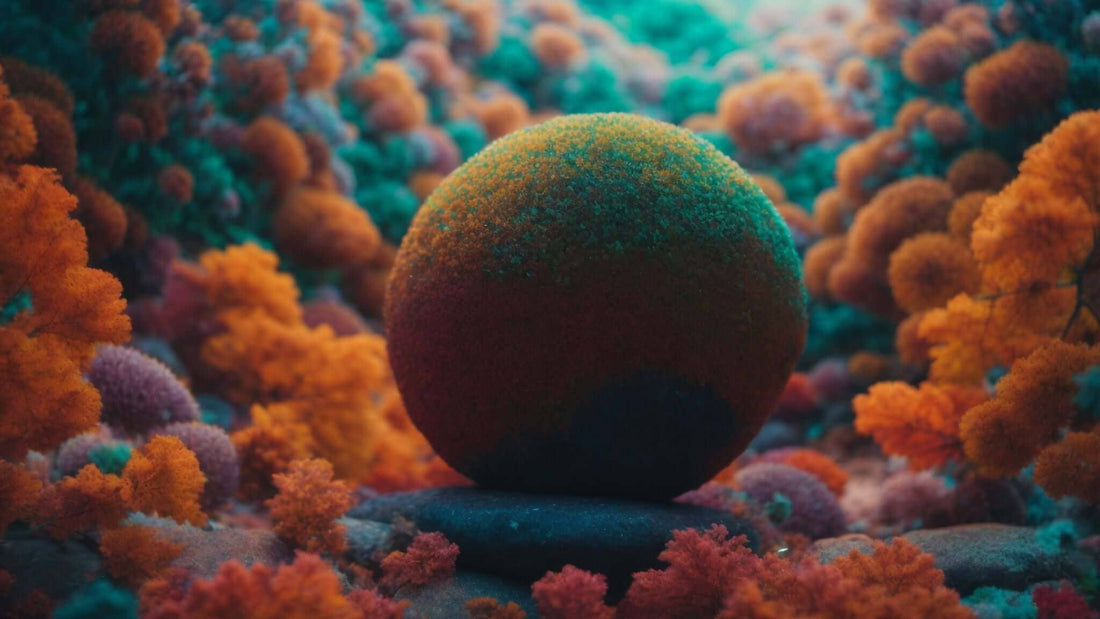 Colorful abstract landscape with a central sphere symbolizing relaxation for a Massage Chair for Stress & Anxiety Relief