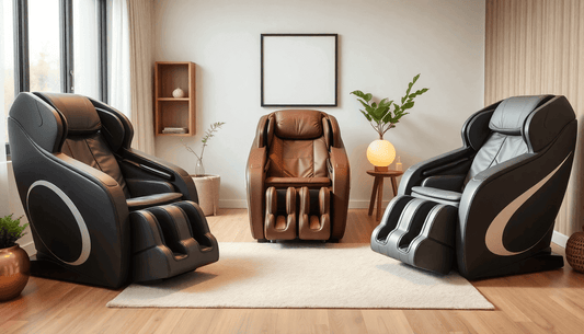Three Fujiiryoki massage chairs in black and brown leather arranged in a modern living room setting