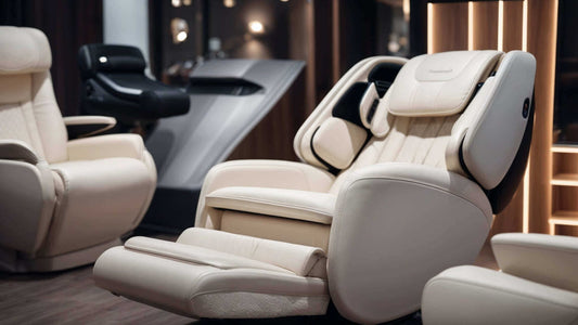 Cream leather massage chair with extended footrest in showroom demonstrating advanced massage chair technology and comfort
