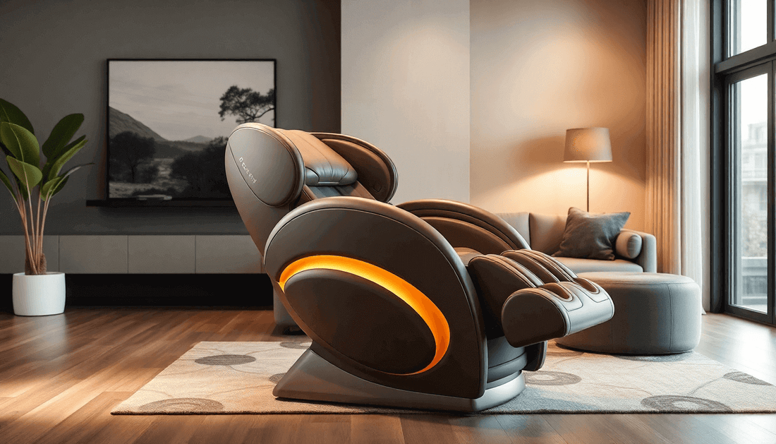 Modern living room with a high-quality massage chairs featuring sleek design and ambient lighting