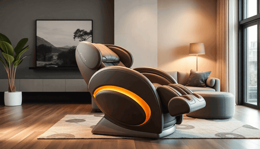 Modern living room with a high-quality massage chairs featuring sleek design and ambient lighting