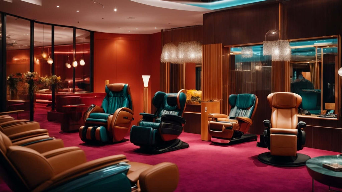 Sleek massage chairs in a modern lounge demonstrating the massage chairs benefit for relaxation