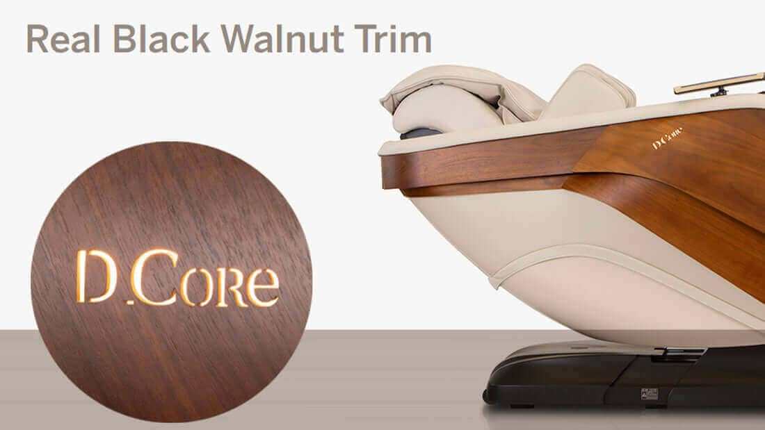 7 Essential Benefits of Japanese Massage Chair shown with a cream massage chair, real black walnut trim and D.Core branding