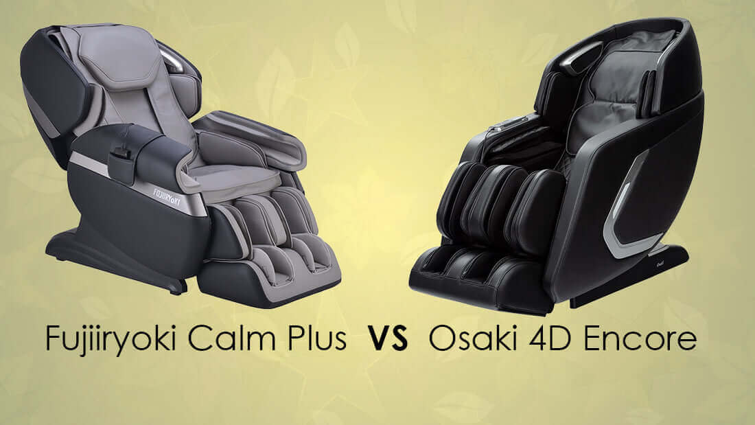 Side by side comparison of a gray Fujiryoki massage chair and a black Osaki 4D model Calm Plus VS 4d Encore .