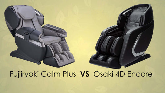 Side by side comparison of a gray Fujiryoki massage chair and a black Osaki 4D model Calm Plus VS 4d Encore .