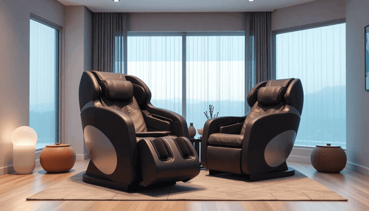 Modern living room featuring two stylish Fujiiryoki Massage Chairs for ultimate relaxation