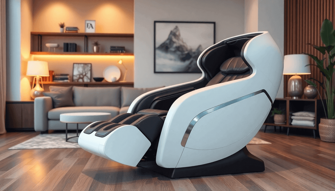 Modern white Fujiiryoki massage chair in a stylish living room with wooden floors and ambient lighting