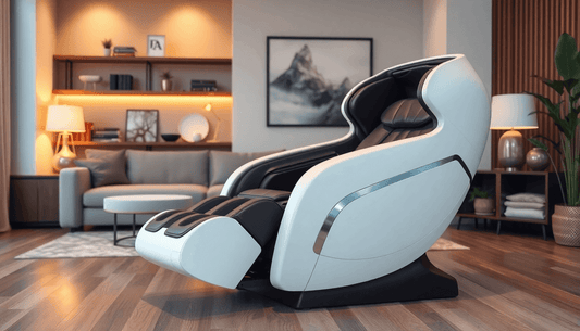 Modern white Fujiiryoki massage chair in a stylish living room with wooden floors and ambient lighting