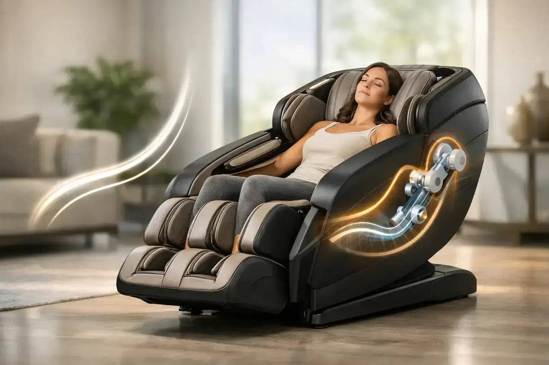 SL track massage chair with ergonomic design following spine from neck to glutes providing full back and lower body massage