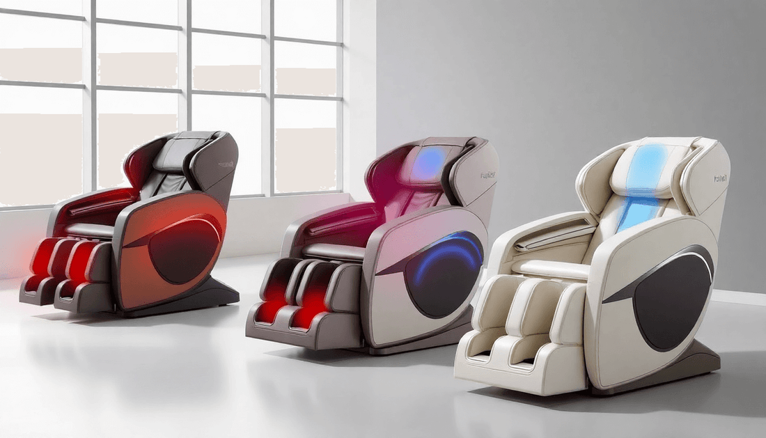 Three modern massage chairs highlighting their therapeutic benefits with various designs and colors