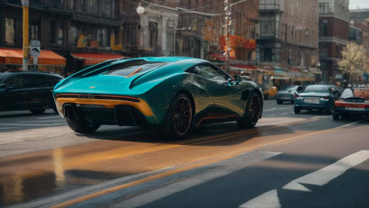 Luxury sports car driving through a city street showcasing sleek design and dynamic movement