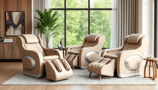 Shop Fujiiryoki massage chairs in a modern living room with beige leather and ergonomic design