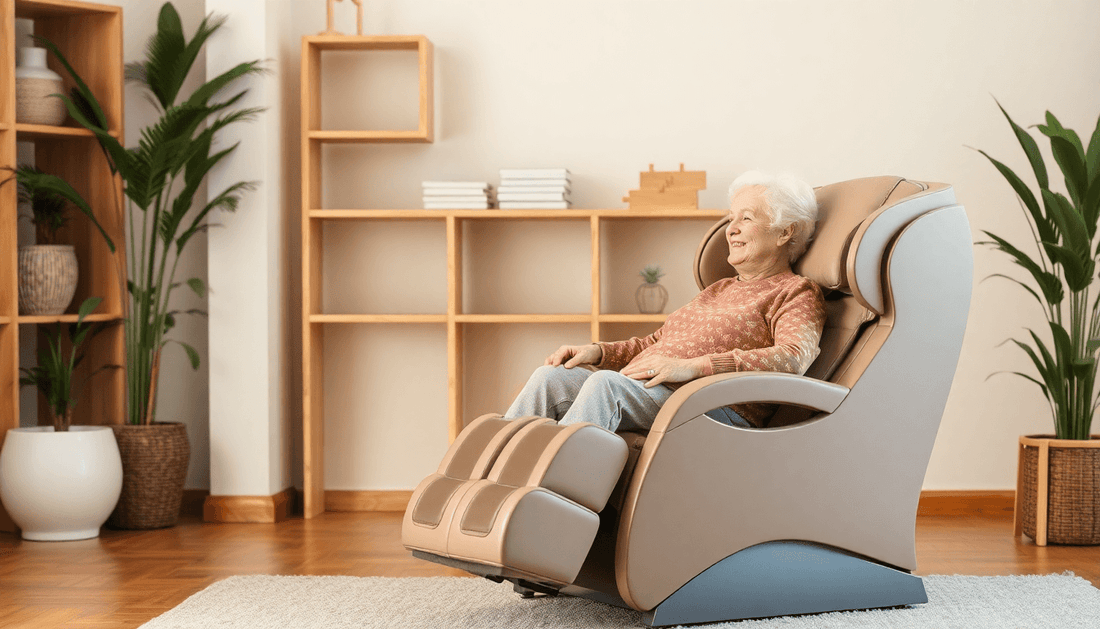 Relaxed senior woman enjoying a massage chair, exemplifying massage chairs good for seniors?