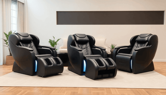 Three stylish Fujiiryoki Massage Chairs arranged in a modern living room setting