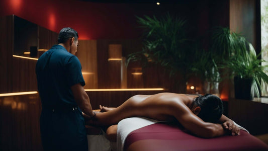 Therapist performing a massage using advanced 2D, 3D, and 4D Massage Technology in a serene spa environment