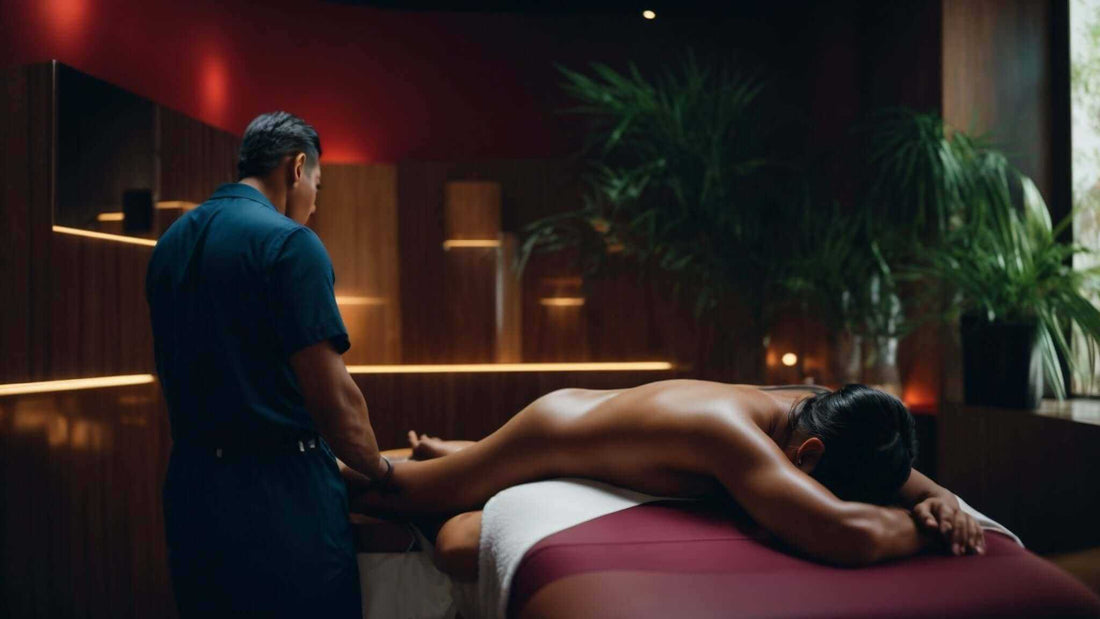Therapist performing a massage using advanced 2D, 3D, and 4D Massage Technology in a serene spa environment