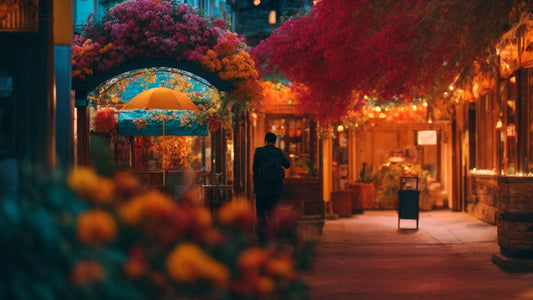 A vibrant street scene adorned with colorful flowers and lights, illustrating beauty and tranquility while exploring how long do massage chair last