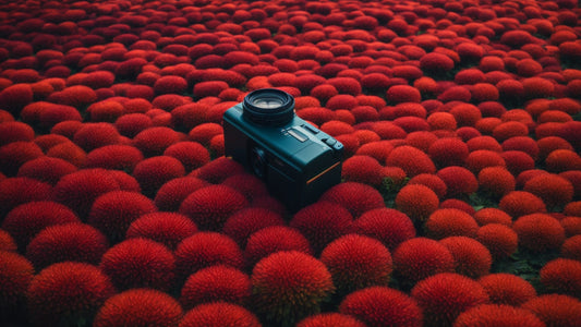 Camera positioned among vibrant red flowers in a scenic landscape for the Massage Chair Buying Guide