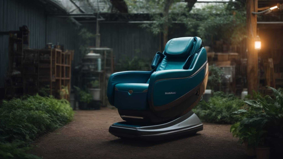 Refurbished massage chairs displayed in a tranquil garden setting, showcasing comfort and relaxation