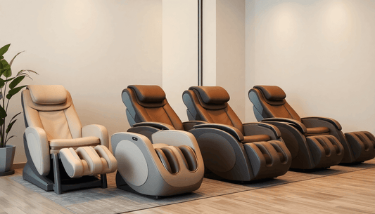 Four modern Fujiiryoki Massage Chairs arranged in a stylish interior setting