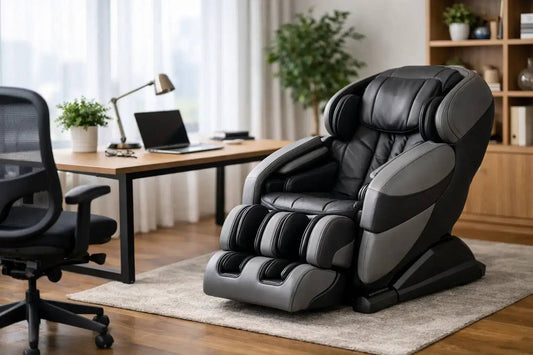 Modern massage chair in stylish home office setup for relaxation and recovery